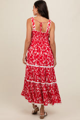 Red Floral Lace Trim Tiered Maxi Dress