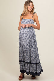 Navy Floral Shoulder Tie Maternity Maxi Dress