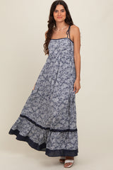 Navy Floral Shoulder Tie Maxi Dress