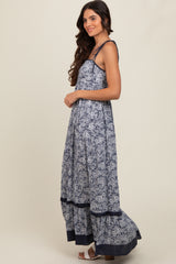 Navy Floral Shoulder Tie Maxi Dress