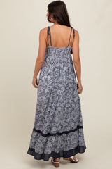 Navy Floral Shoulder Tie Maxi Dress