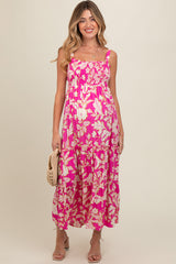 Fuchsia Floral Smocked Tiered Maternity Midi Dress