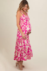 Fuchsia Floral Smocked Tiered Maternity Midi Dress