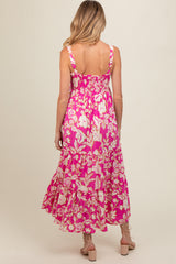 Fuchsia Floral Smocked Tiered Maternity Midi Dress