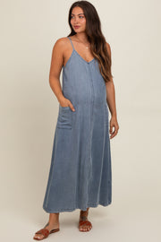 Blue Chambray Pocketed Maternity Maxi Dress