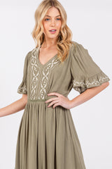 Olive Embroidered Midi Dress