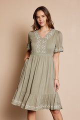 Olive Embroidered Midi Dress