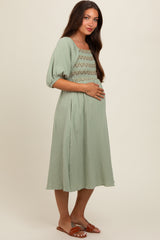 Light Olive Embroidered Maternity Midi Dress