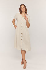 Beige Button Down Maternity Midi Dress