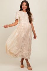 Cream Embroidered Smocked Maternity Midi Dress