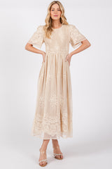 Cream Embroidered Smocked Maternity Midi Dress