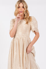 Cream Embroidered Smocked Midi Dress