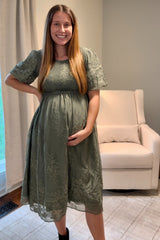 Olive Floral Lace Smocked Maternity Midi Dress