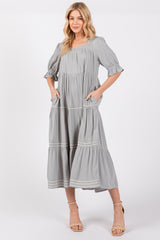 Grey Embroidered Tiered Maternity Midi Dress