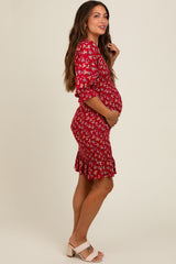 Red Floral Smocked Fitted Maternity Dress