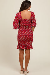 Red Floral Smocked Fitted Maternity Dress