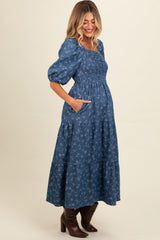 Blue Chambray Printed Smocked Maternity Midi Dress