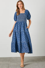 Blue Chambray Printed Smocked Midi Dress