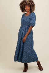 Blue Chambray Printed Smocked Maternity Midi Dress