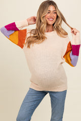 Cream Colorblock Sleeve Maternity Sweater