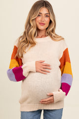 Cream Colorblock Sleeve Maternity Sweater