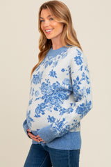 Blue Floral Crew Neck Maternity Sweater