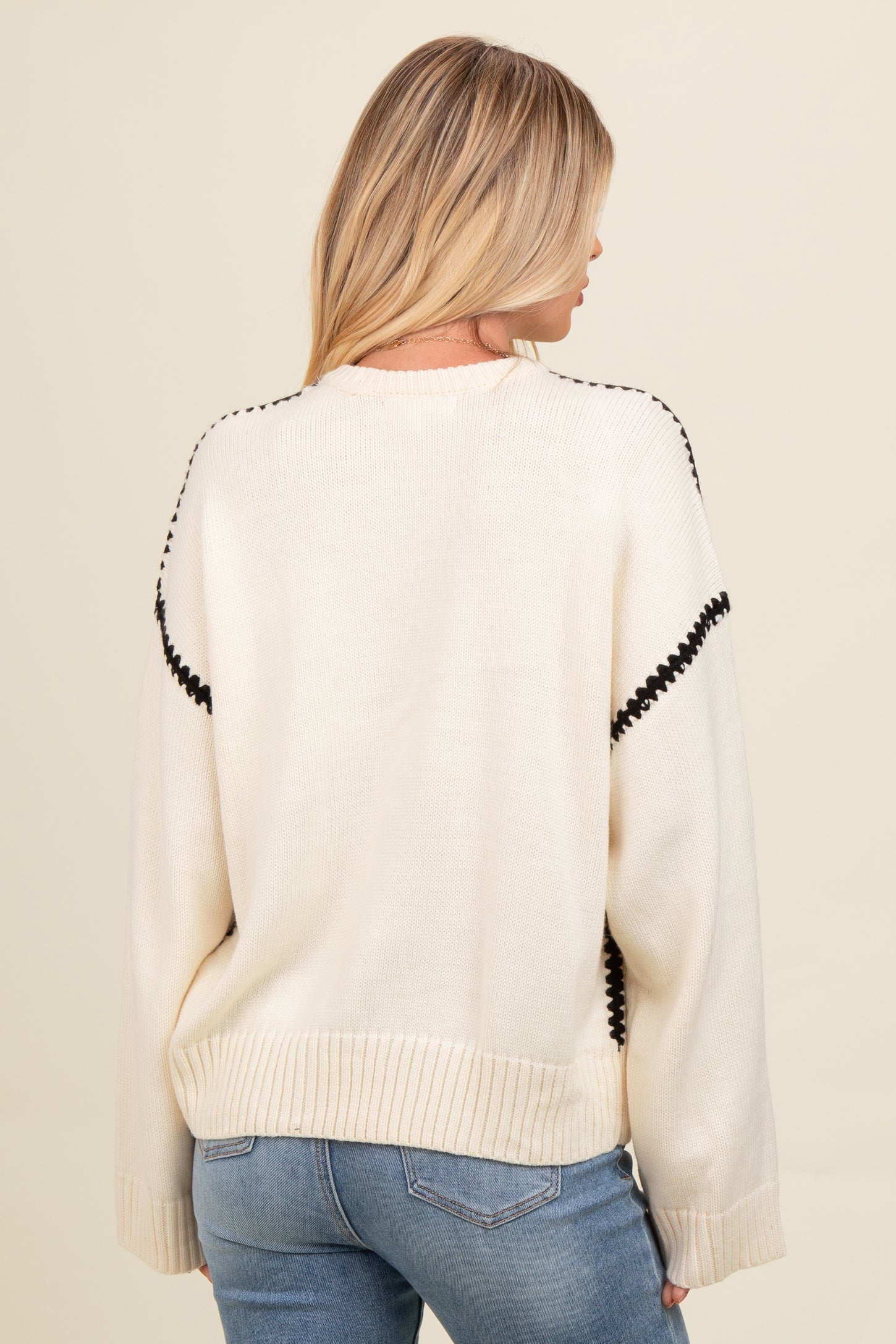 Cream Contrast Stitch Sweater – PinkBlush