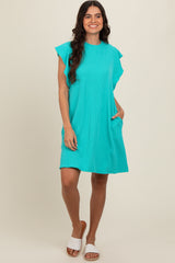 Turquoise Ribbed Ruffle Sleeve Dress