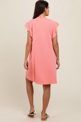 Peach Ribbed Ruffle Sleeve Dress