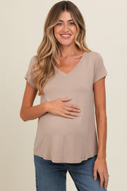 Mocha Basic V-Neck Short Sleeve Maternity Top