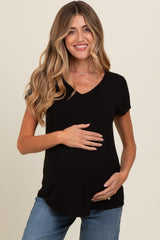 Black Basic V-Neck Short Sleeve Maternity Top