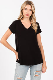 Black Basic V-Neck Short Sleeve Top