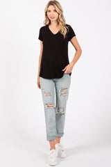 Black Basic V-Neck Short Sleeve Top