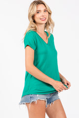 Green Basic V-Neck Short Sleeve Top