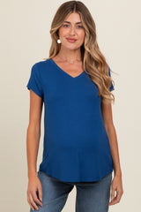 Royal Blue Basic V-Neck Short Sleeve Maternity Top