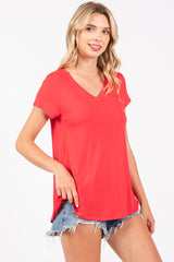 Red Basic V-Neck Short Sleeve Top