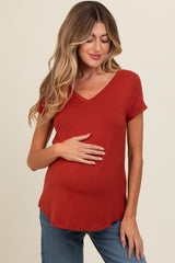 Rust Basic V-Neck Short Sleeve Maternity Top