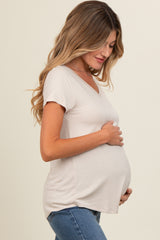 Beige Basic V-Neck Short Sleeve Maternity Top