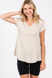 Beige Basic V-Neck Short Sleeve Top