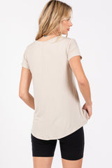 Beige Basic V-Neck Short Sleeve Top