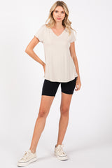 Beige Basic V-Neck Short Sleeve Top