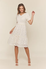 Off White Ruffle Detail Lace Dress