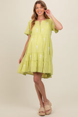 Lime Embroidered Split Neck Maternity Dress