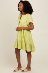 Lime Embroidered Split Neck Dress