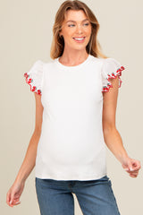 Ivory Embroidered Ruffle Sleeve Maternity Top