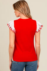 Red Embroidered Ruffle Sleeve Maternity Top