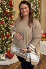 Beige Mixed Stripe Dolman Sleeve Maternity Sweater