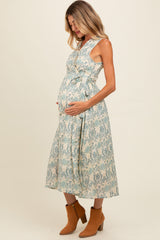 Blue Floral Damask Wrap Maternity Midi Dress