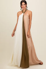 Olive Colorblock Pleated Halter Neck Maternity Maxi Dress