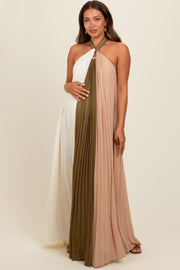 Olive Colorblock Pleated Halter Neck Maternity Maxi Dress